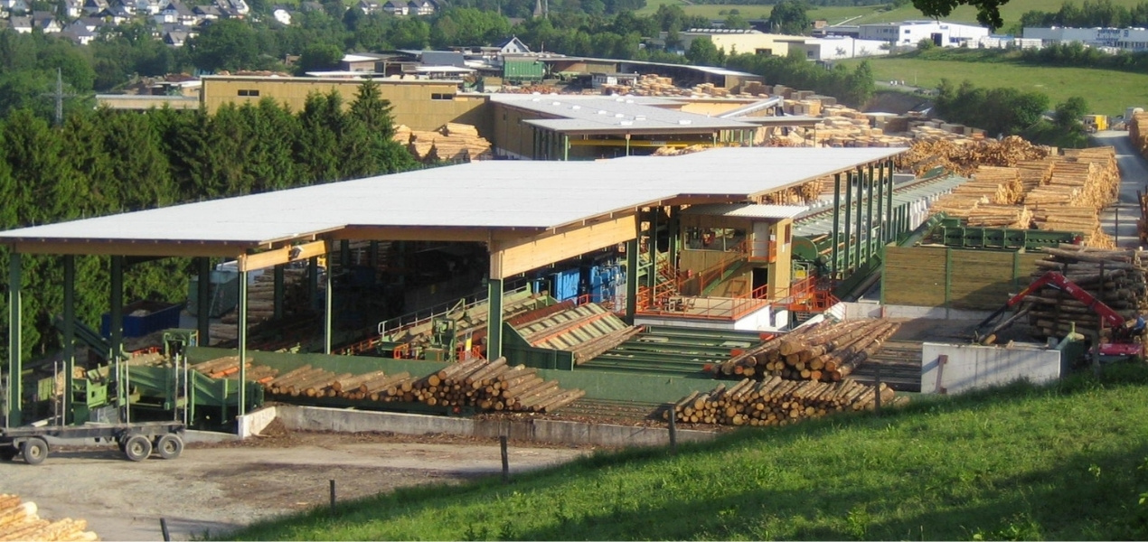 Das Bild zeigt ein Pelletwerk aus der Ferne. Es sind Baumstämme und bereits verarbeitete Bretter zu sehen.