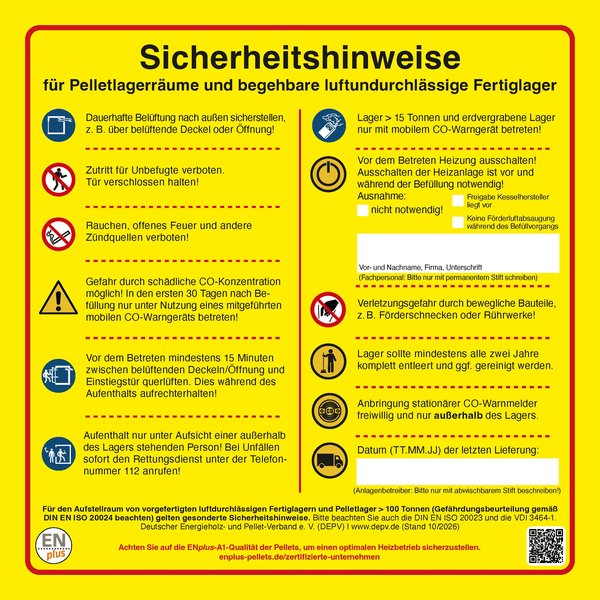 Aufkleber „Sicherheitshinweise für Pelletlagerräume und begehbare luftundurchlässige Fertiglager"
