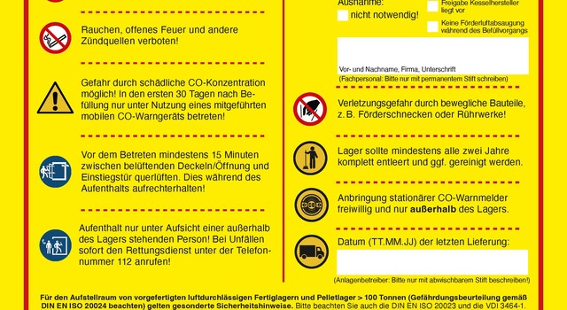 Aufkleber „Sicherheitshinweise für Pelletlagerräume und begehbare luftundurchlässige Fertiglager"