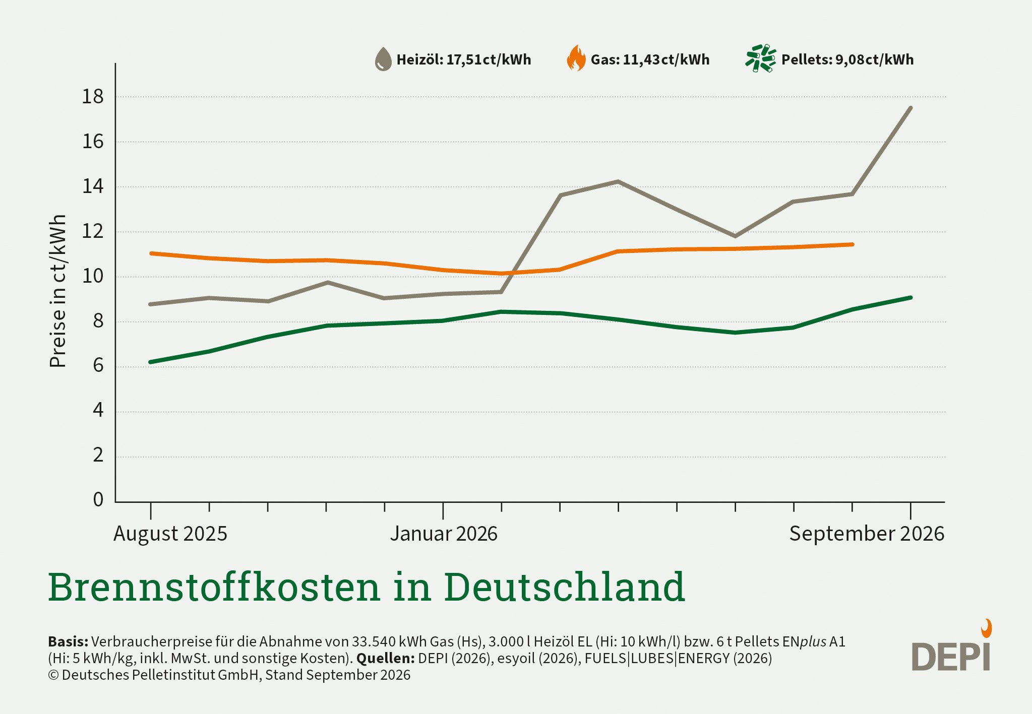 Die Grafik zeigt die Brennstoffkosten in Deutschland im Zeitraum von 13 Monaten