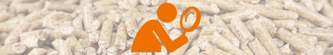 Ein oragenes Icon, das einen Mensch zeigt der eine Lupe hält. Der Hintergrund ist gefüllt mit Pellets.