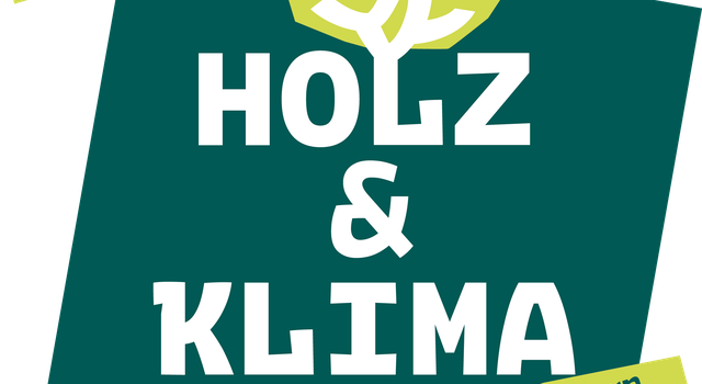 Das Logo Holz und Klima auf dunkelgrünem Grund