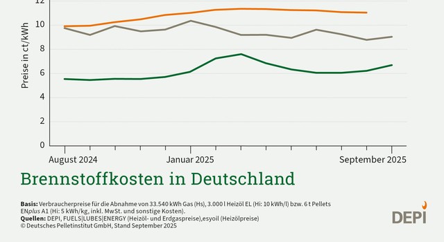 Zu sehen sind die Preise für Erdgas in orange, Heizöl in grau und Pellets in grün für September 2025. Gas kostete demnach 11,01 Cent pro Kilowattstunde, Heizöl 9,04 und Pellets 6,70.