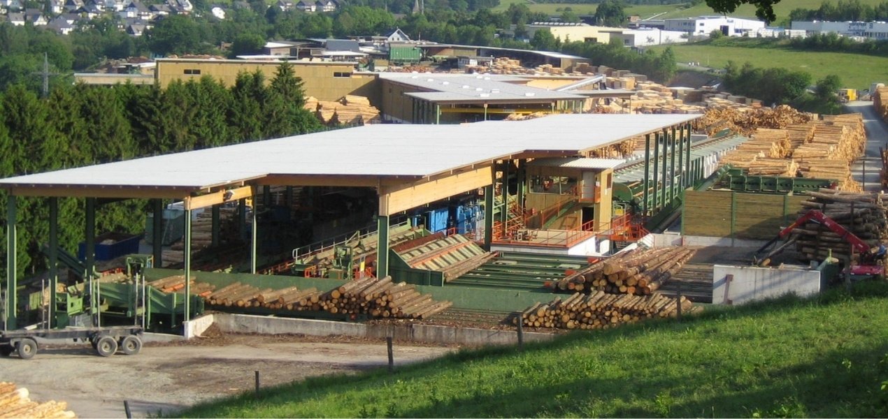 Das Bild zeigt ein Pelletwerk aus der Ferne. Es sind Baumstämme und bereits verarbeitete Bretter zu sehen.