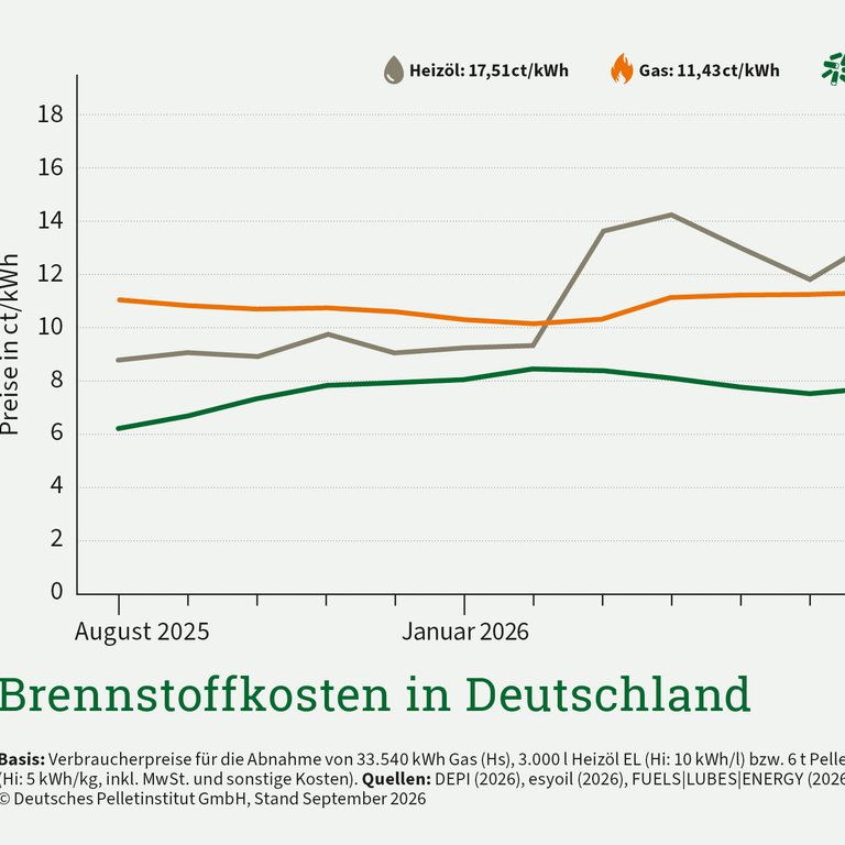 Pellets im September deutlich günstiger als Öl und Gas