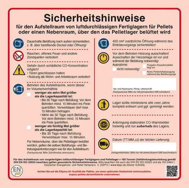 Aufkleber „Sicherheitshinweise für den Aufstellraum von luftdurchlässigen Fertiglagern für Pellets oder einen Nebenraum"