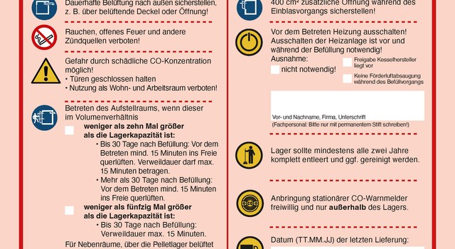 Aufkleber „Sicherheitshinweise für den Aufstellraum von luftdurchlässigen Fertiglagern für Pellets oder einen Nebenraum"