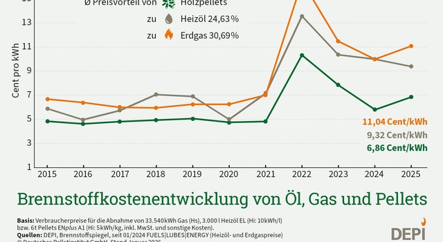 Brennstoffkostenentwicklung von Öl, Erdgas und Pellets